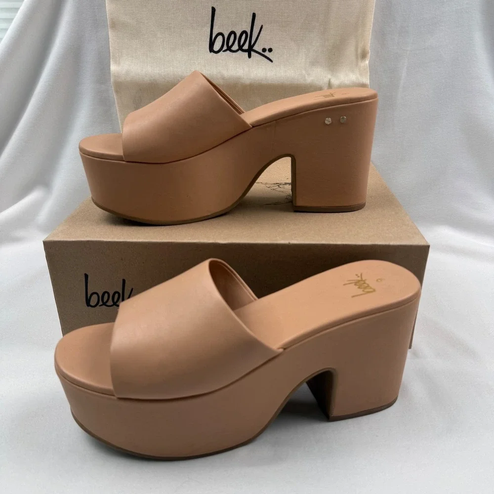 BEEK Ibis Beach Leather‎ Platform Sandals Tan Brazil Block Heel Slide Womens 9